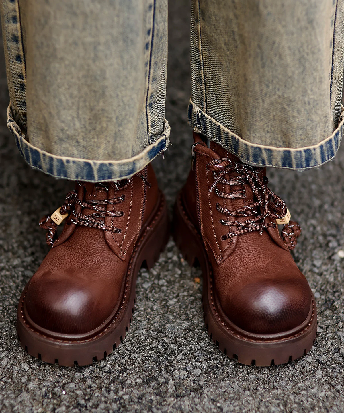 Comfy Splicing Platform Boots Coffee Cowhide Leather Fuzzy Wool Lined - Image 5