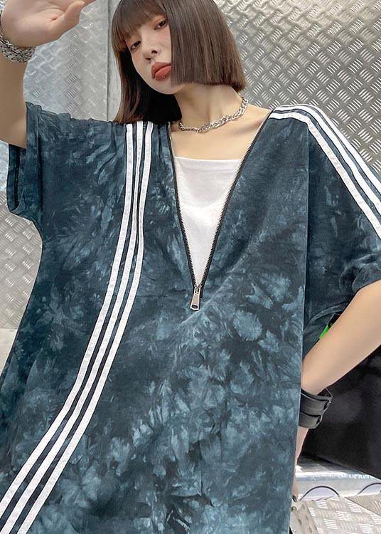 Comfy Tie Dye Blue zippered V Neck Dresses Summer - Image 4