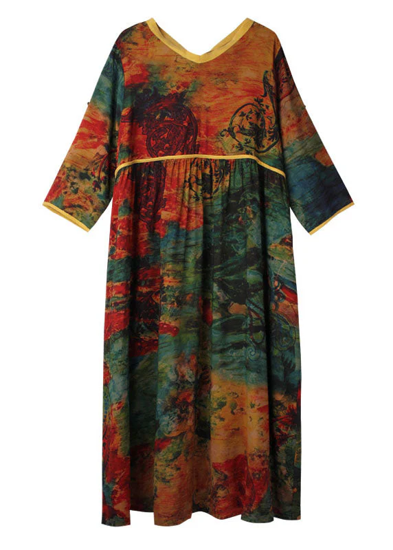 Comfy Yellow Print V Neck Holiday Dress Fall - Image 5