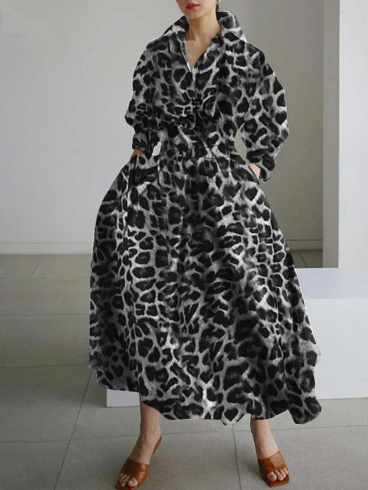 2025 yellow leopard Peter Pan Collar Pockets Cotton Dress Long Sleeve - Image 2