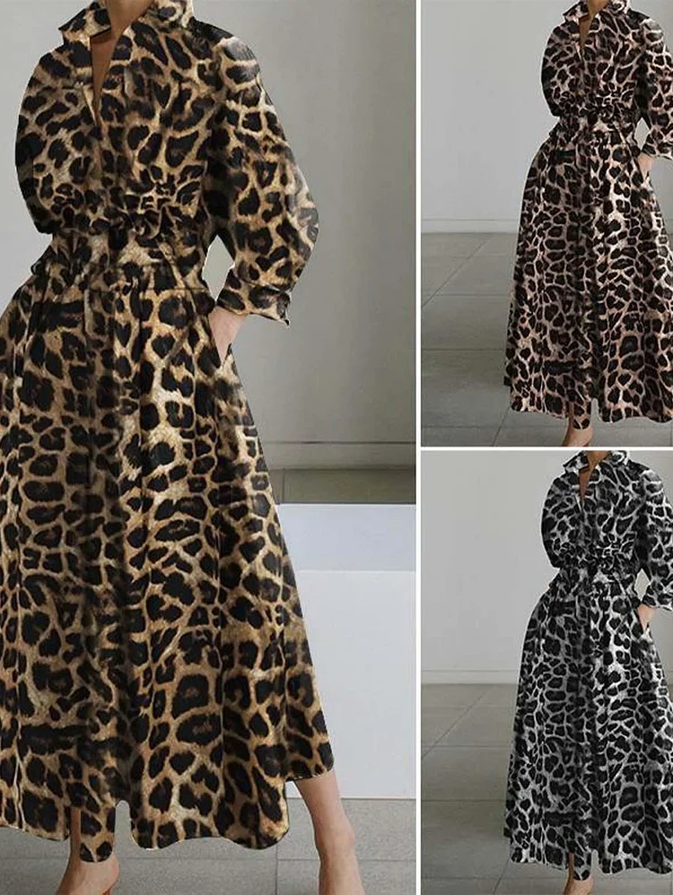 2025 yellow leopard Peter Pan Collar Pockets Cotton Dress Long Sleeve - Image 4