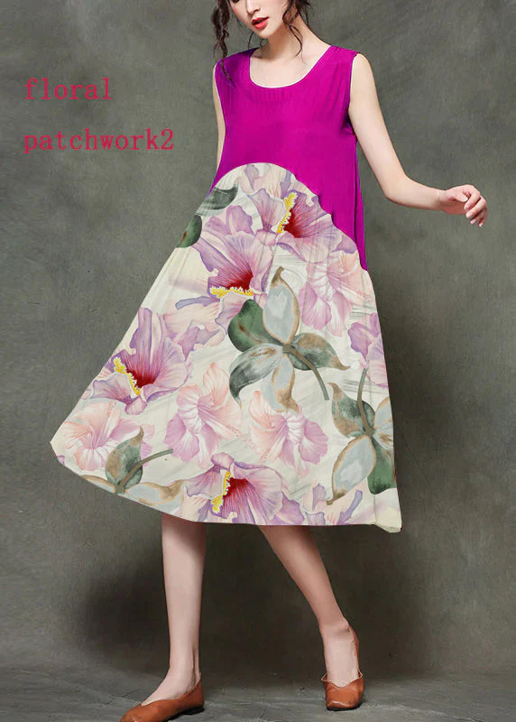 Casual Wine Red-floral1 O-Neck Wrinkled Long Dresses Sleeveless - Image 10