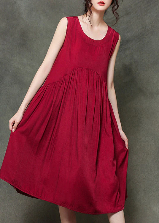 Casual Wine Red-floral1 O-Neck Wrinkled Long Dresses Sleeveless - Image 4