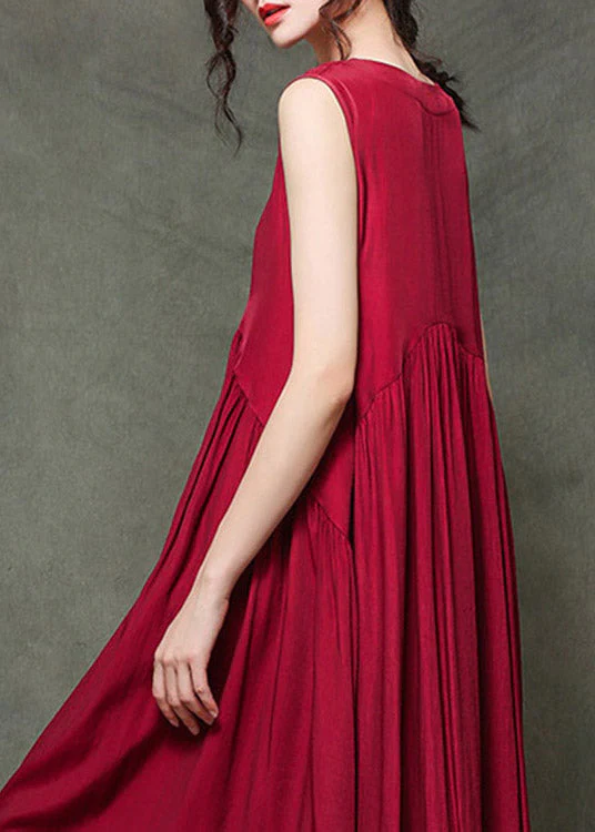 Casual Wine Red-floral1 O-Neck Wrinkled Long Dresses Sleeveless - Image 5