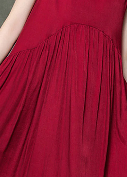 Casual Wine Red-floral1 O-Neck Wrinkled Long Dresses Sleeveless - Image 6