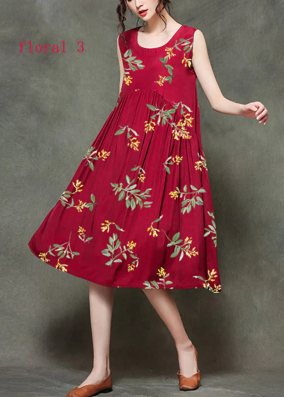 Casual Wine Red-floral1 O-Neck Wrinkled Long Dresses Sleeveless - Image 8