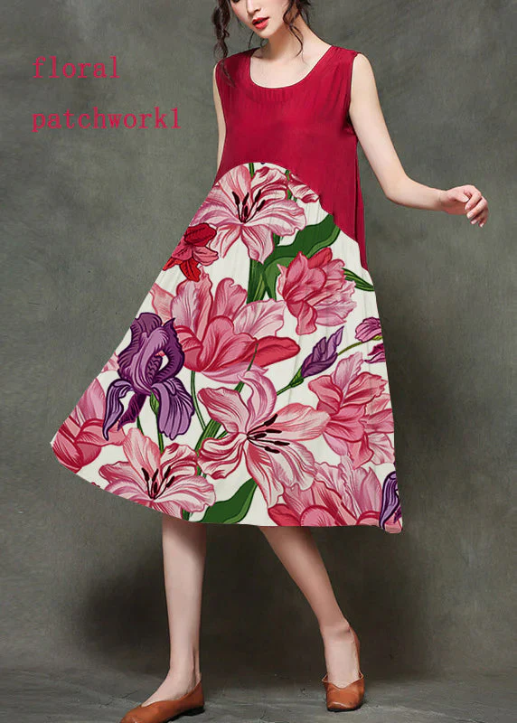 Casual Wine Red-floral1 O-Neck Wrinkled Long Dresses Sleeveless - Image 9