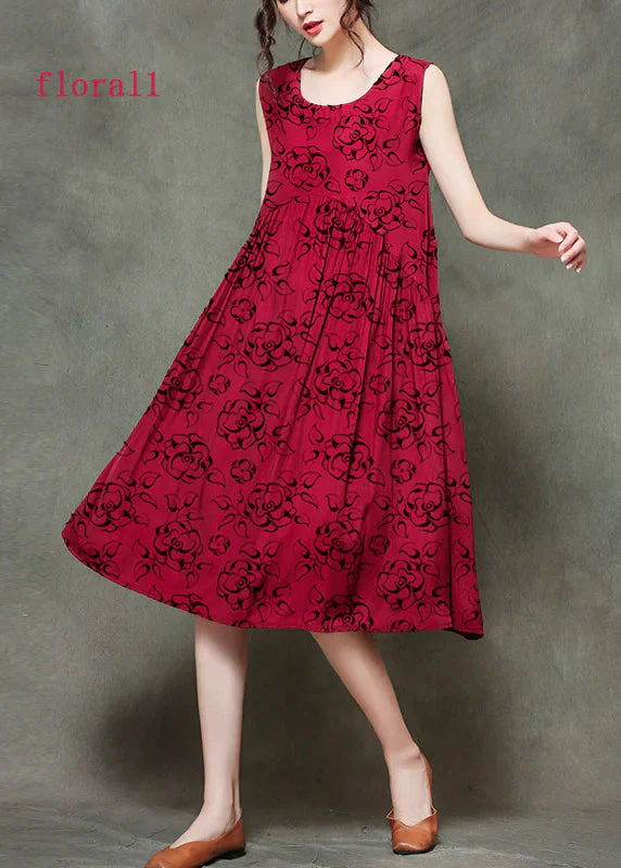 Casual Wine Red-floral2 O-Neck Wrinkled Long Dresses Sleeveless - Image 2