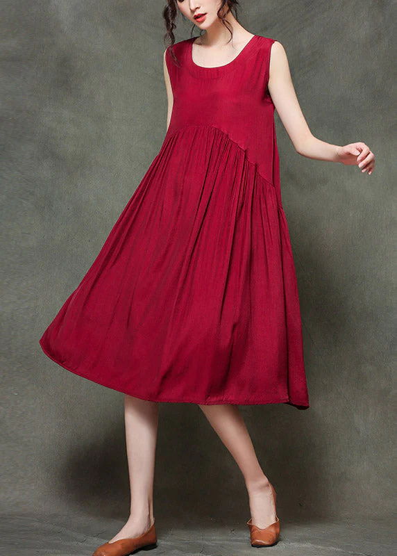 Casual Wine Red-floral2 O-Neck Wrinkled Long Dresses Sleeveless - Image 3