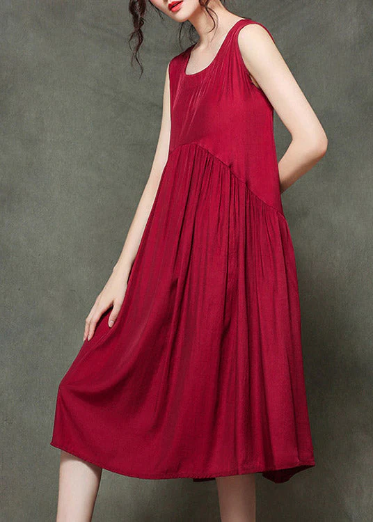 Casual Wine Red-floral2 O-Neck Wrinkled Long Dresses Sleeveless - Image 4