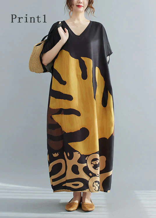 Loose Black-print3 V Neck Oversized Leaf Print Chiffon Long Dress Short Sleeve - Image 3