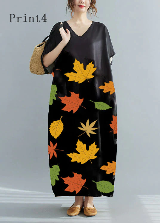 Loose Black-print3 V Neck Oversized Leaf Print Chiffon Long Dress Short Sleeve - Image 9