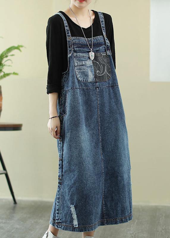 Vivid denim blue-white flowers tunic dress Slash neck Hole Maxi Dress - Image 2