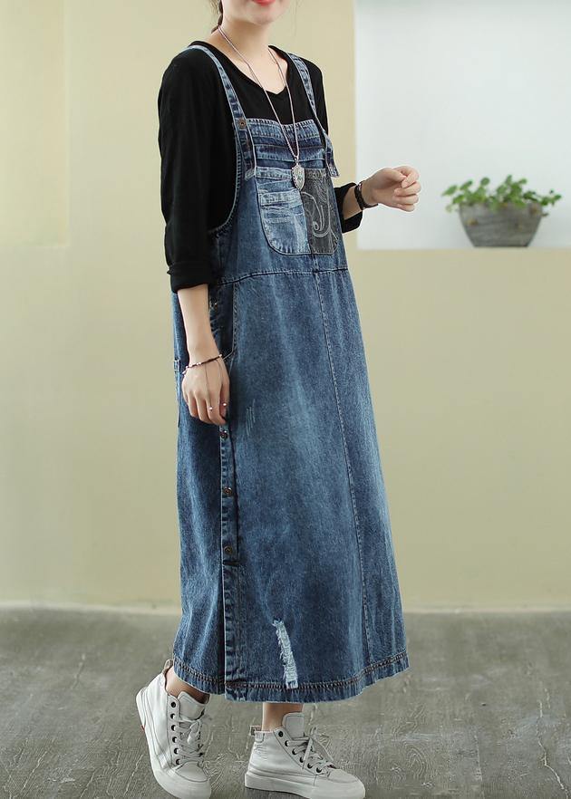 Vivid denim blue-white flowers tunic dress Slash neck Hole Maxi Dress - Image 4