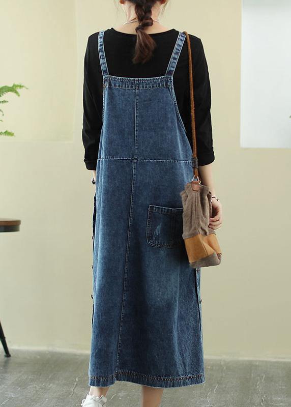 Vivid denim blue-white flowers tunic dress Slash neck Hole Maxi Dress - Image 5