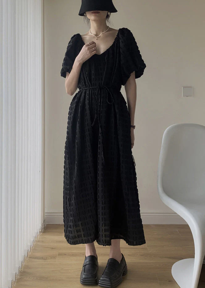Cozy Black V Neck Patchwork Cotton Long Dresses Puff Sleeve - Image 2