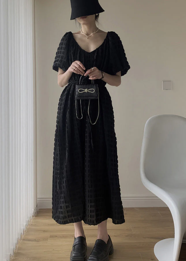 Cozy Black V Neck Patchwork Cotton Long Dresses Puff Sleeve - Image 3