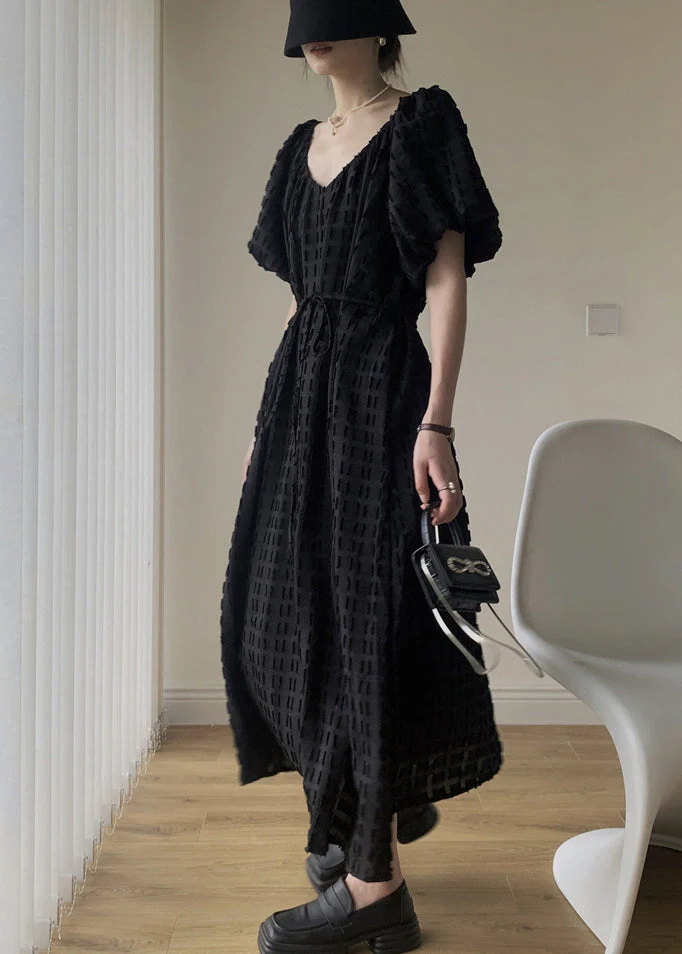 Cozy Black V Neck Patchwork Cotton Long Dresses Puff Sleeve - Image 4