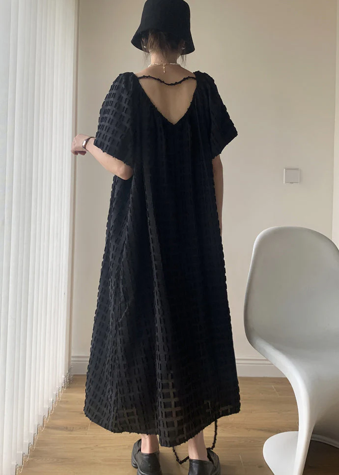 Cozy Black V Neck Patchwork Cotton Long Dresses Puff Sleeve - Image 5