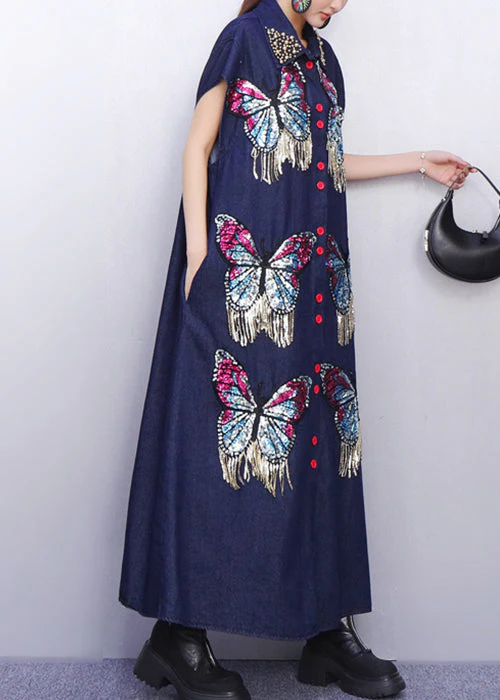 Creative Butterfly Adorned Pockets Denim Maxi Dress - Image 4