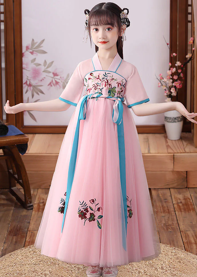 Cute Apricot Embroideried Patchwork Tulle Kids Long Dress Short Sleeve - Image 2