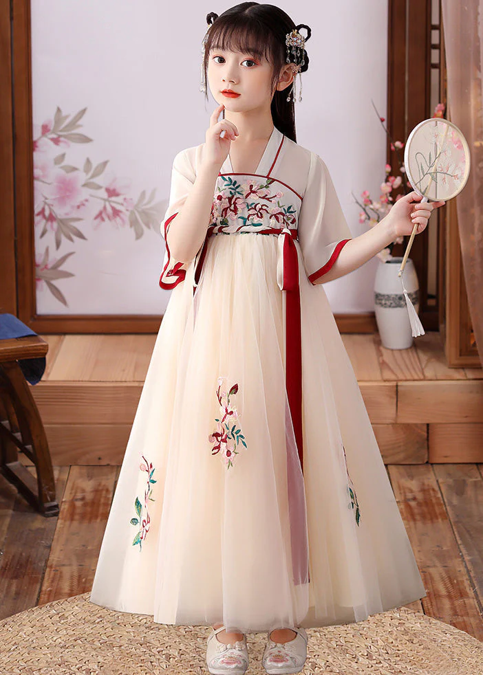 Cute Apricot Embroideried Patchwork Tulle Kids Long Dress Short Sleeve - Image 3