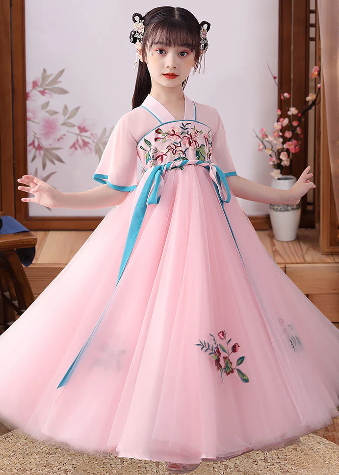 Cute Apricot Embroideried Patchwork Tulle Kids Long Dress Short Sleeve - Image 4