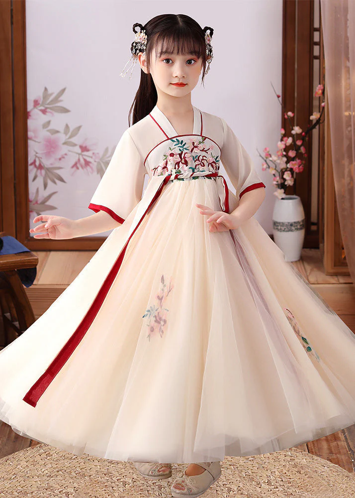 Cute Apricot Embroideried Patchwork Tulle Kids Long Dress Short Sleeve - Image 5