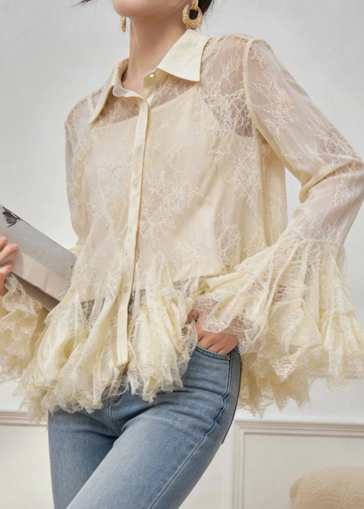 Cute Apricot Peter Pan Collar Button Chiffon Shirt Spring - Image 3