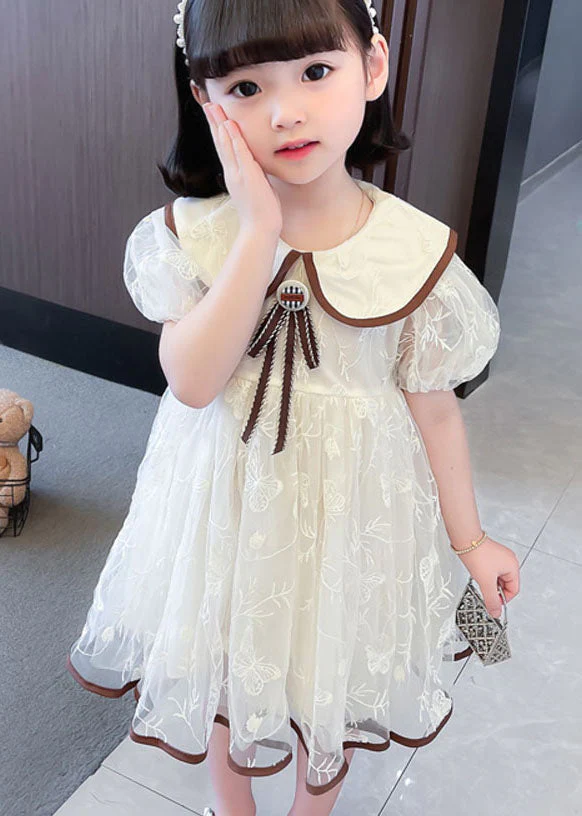 Cute Apricot Peter Pan Collar Wrinkled Patchwork Tulle Baby Girls Dresses Summer - Image 2