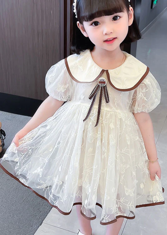 Cute Apricot Peter Pan Collar Wrinkled Patchwork Tulle Baby Girls Dresses Summer - Image 3