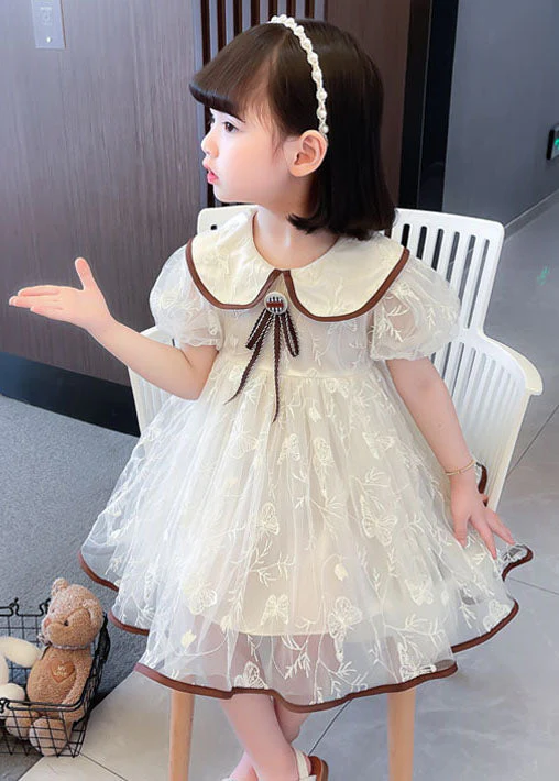 Cute Apricot Peter Pan Collar Wrinkled Patchwork Tulle Baby Girls Dresses Summer - Image 4