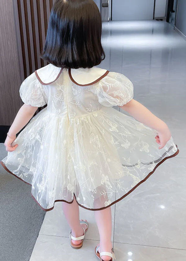 Cute Apricot Peter Pan Collar Wrinkled Patchwork Tulle Baby Girls Dresses Summer - Image 5