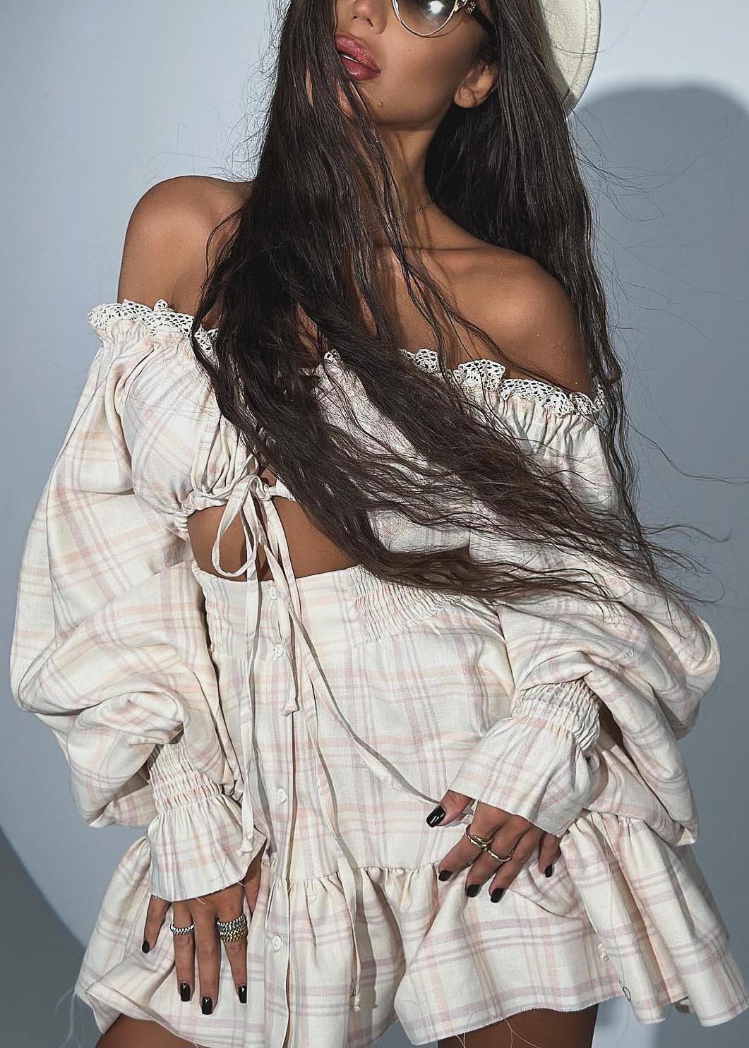 Cute Apricot Plaid Cold Shoulder Cotton Tea Dress Summer - Image 4