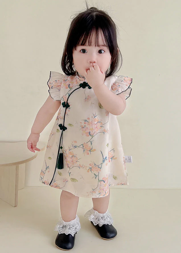 Cute Apricot Print Tassel Girls Mid Dresses Summer - Image 2