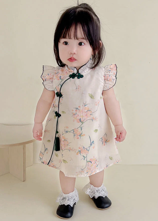 Cute Apricot Print Tassel Girls Mid Dresses Summer - Image 3