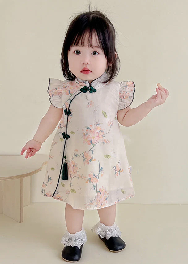 Cute Apricot Print Tassel Girls Mid Dresses Summer - Image 4