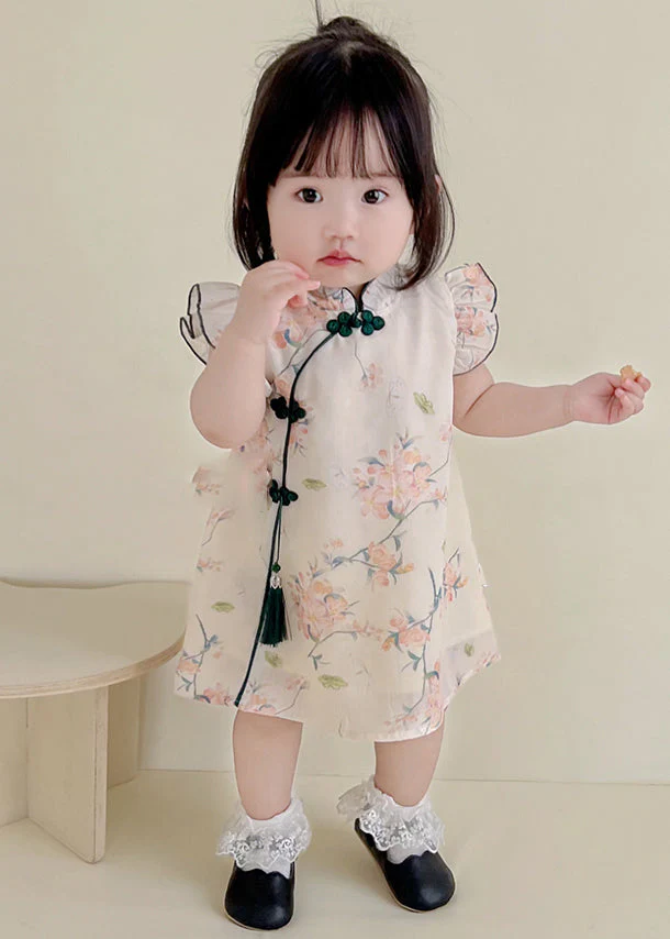 Cute Apricot Print Tassel Girls Mid Dresses Summer - Image 5