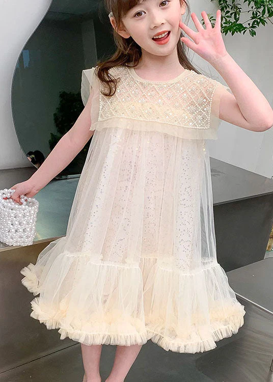 Cute Apricot Ruffled Sequins Patchwork Tulle Baby Girls Dresses Summer - Image 2