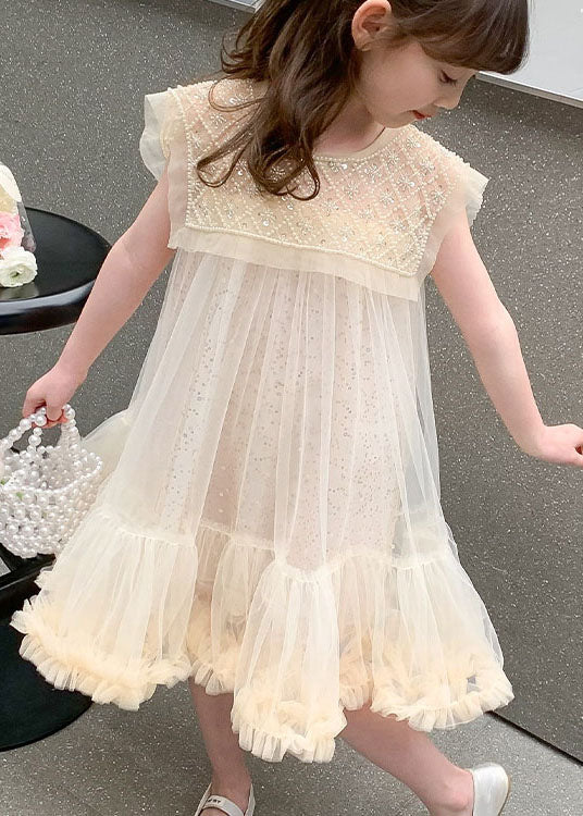 Cute Apricot Ruffled Sequins Patchwork Tulle Baby Girls Dresses Summer - Image 3