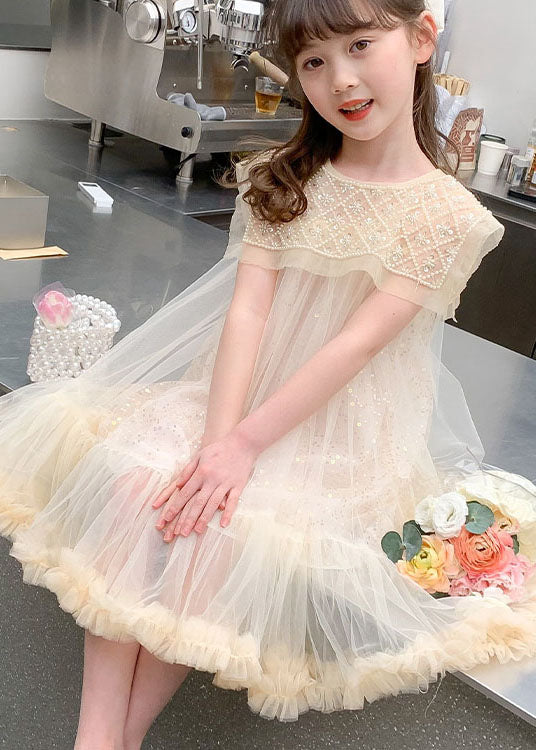 Cute Apricot Ruffled Sequins Patchwork Tulle Baby Girls Dresses Summer - Image 4