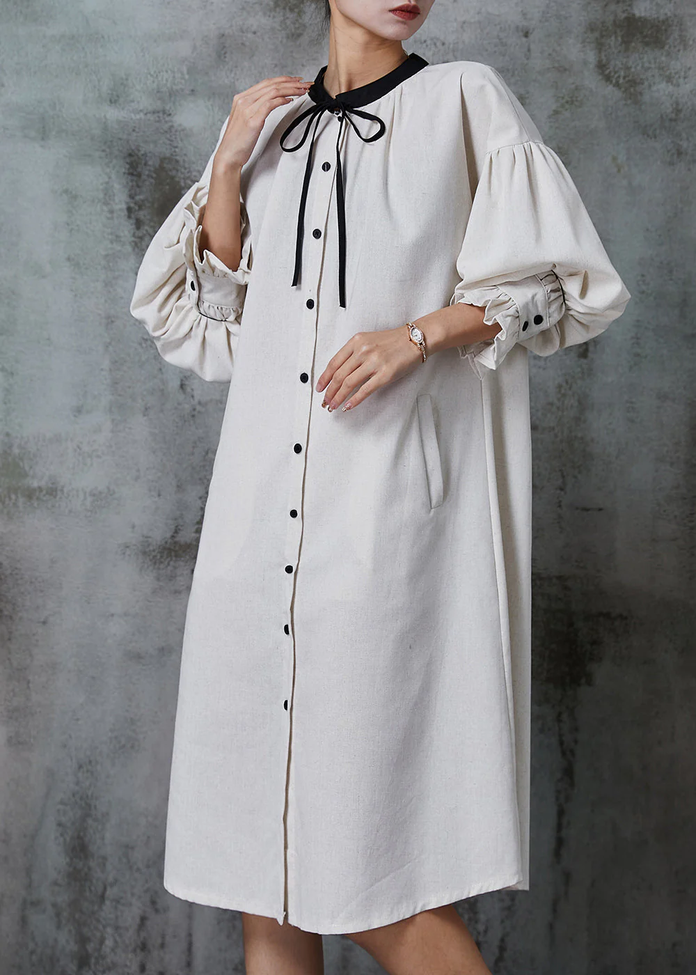 Cute Apricot Silm Fit Cotton Shirt Dress Spring - Image 3
