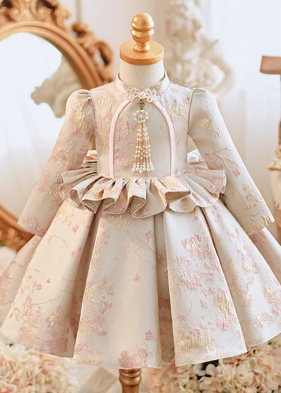 Cute Apricot Stand Collar Embroideried Ruffled Girls Maxi Dresses Spring - Image 2