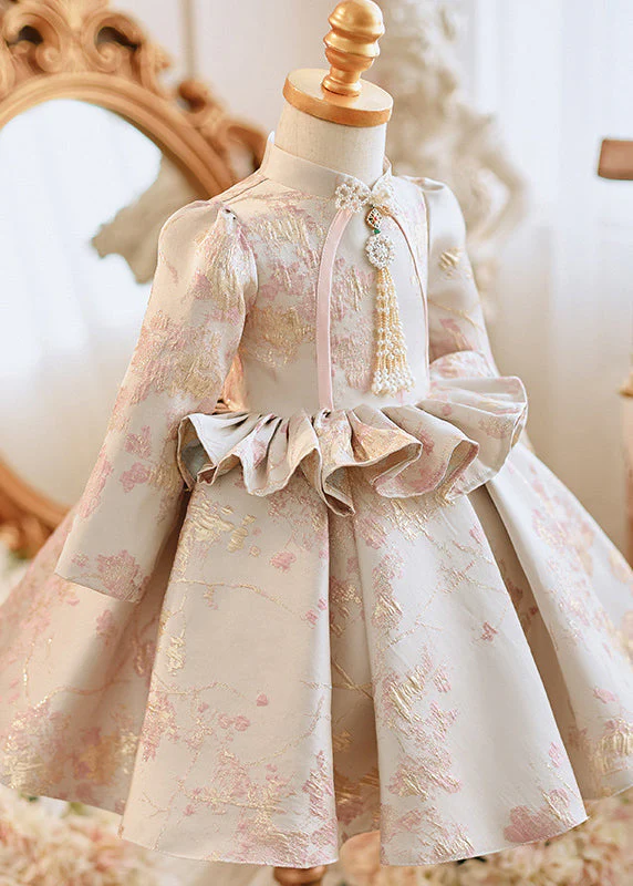 Cute Apricot Stand Collar Embroideried Ruffled Girls Maxi Dresses Spring - Image 3