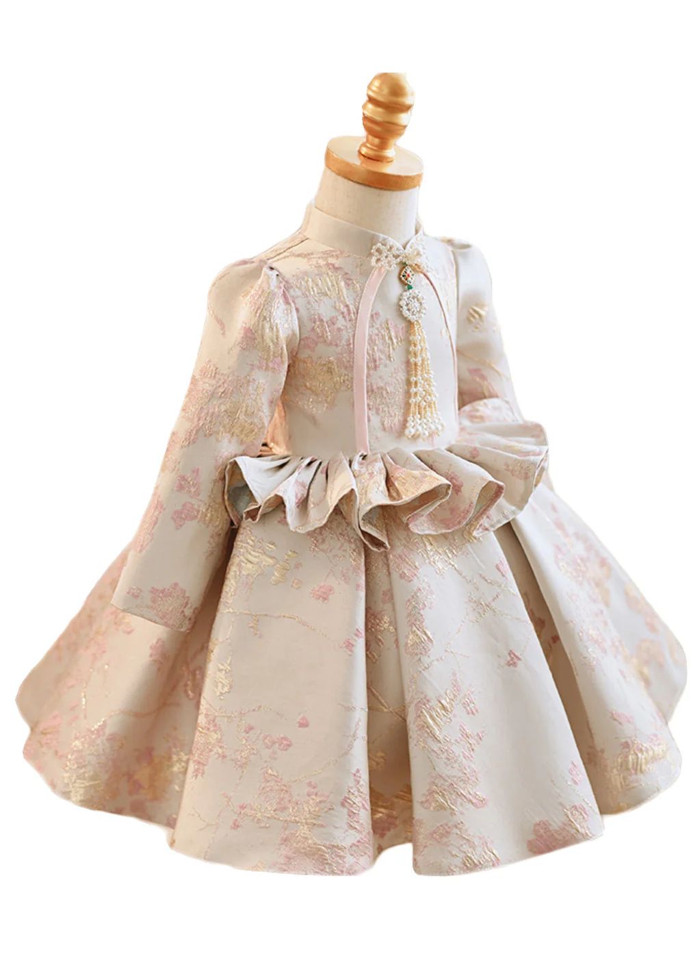 Cute Apricot Stand Collar Embroideried Ruffled Girls Maxi Dresses Spring - Image 5