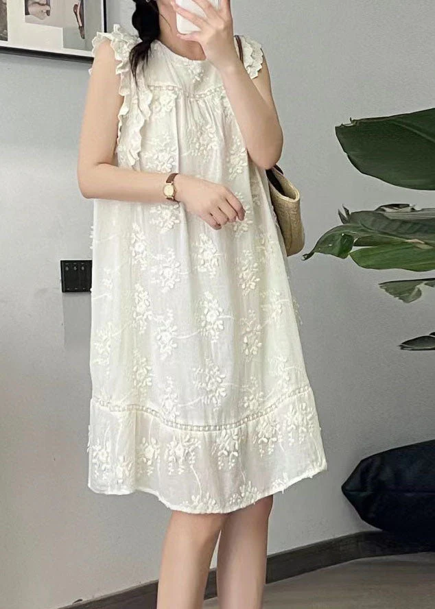 Cute Beige O-Neck Embroidered Floral Silk Cotton Mid Dress Summer - Image 2