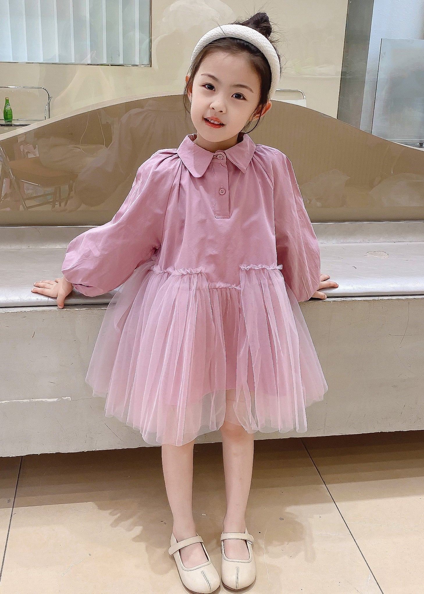 Cute Beige Peter Pan Collar Tulle Patchwork Cotton Girls Dresses Fall - Image 2