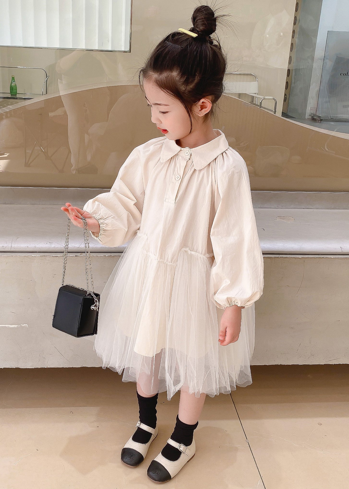 Cute Beige Peter Pan Collar Tulle Patchwork Cotton Girls Dresses Fall - Image 4