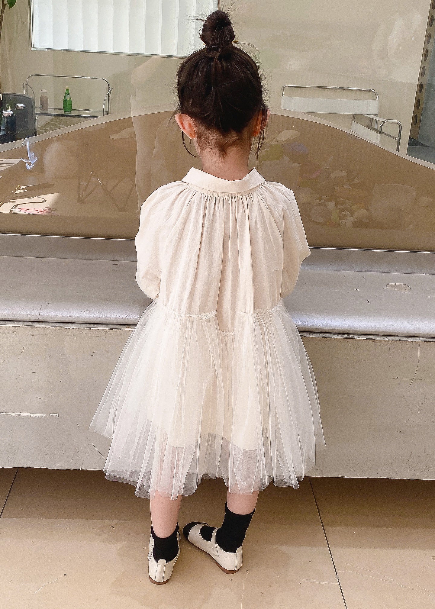 Cute Beige Peter Pan Collar Tulle Patchwork Cotton Girls Dresses Fall - Image 5
