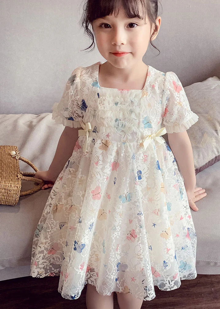 Cute Beige Ruffled Butterfly Patchwork Lace Baby Girls Dress Summer - Image 2